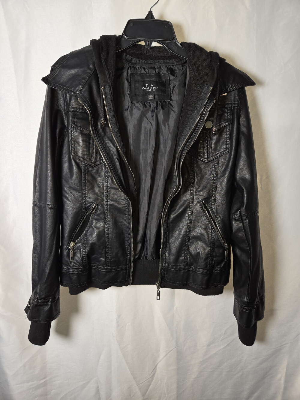 Black Faux Leather Hooded Jacket